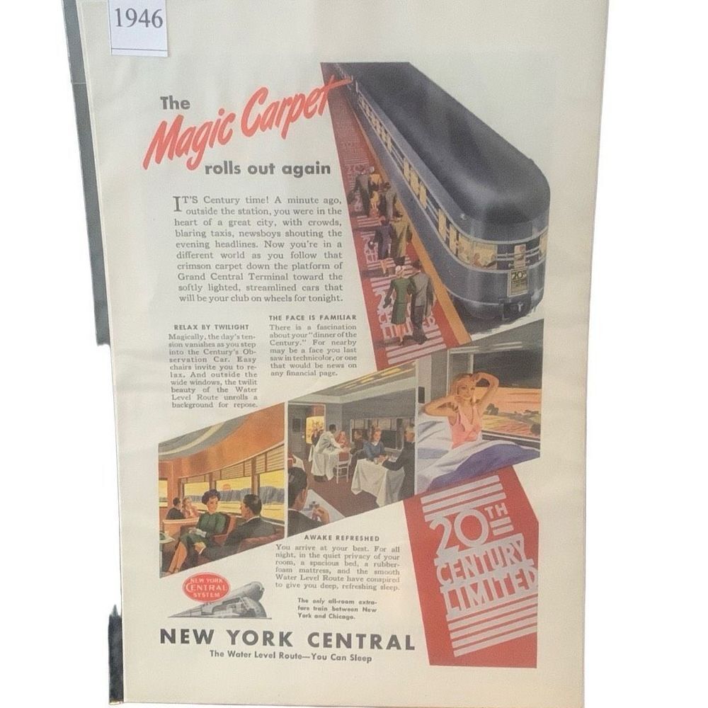 Vintage 1946 New York Central Railroad Magic Carpet Rolls Out Again Ad Advertise